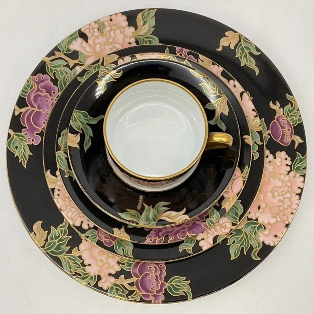 Fitz & Floyd Fine Porcelain 'Cloisonne Peony' Black (1984-1996) 5-Piece Set